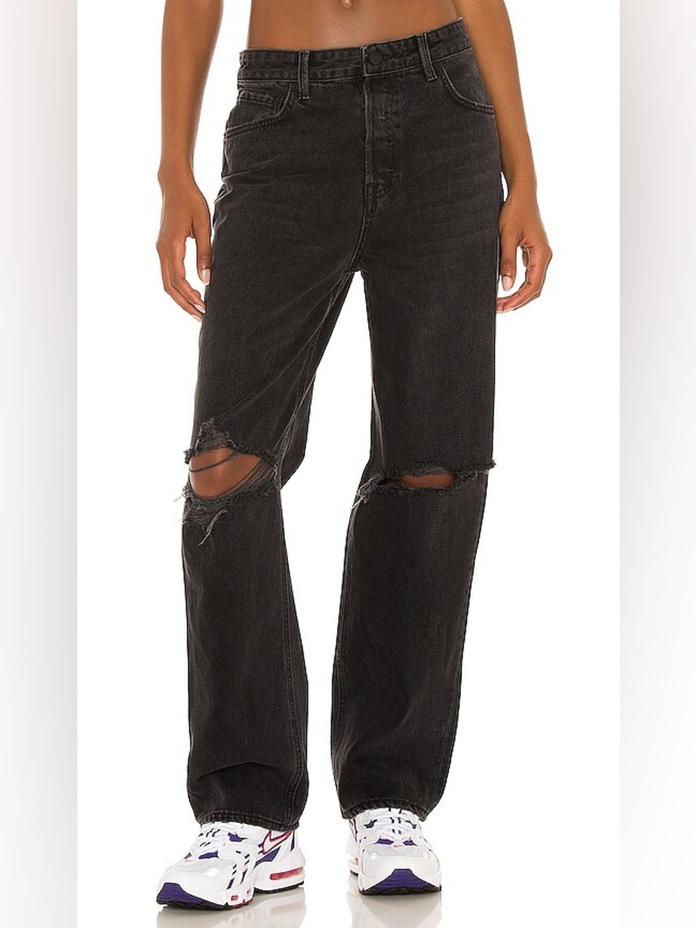 GRLFRND Amanda Mid Rise Loose Boyfriend Jeans in Downtown Distressed Black denim